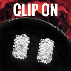 Clip On Rhinestone Half Hoop Silver Earrings